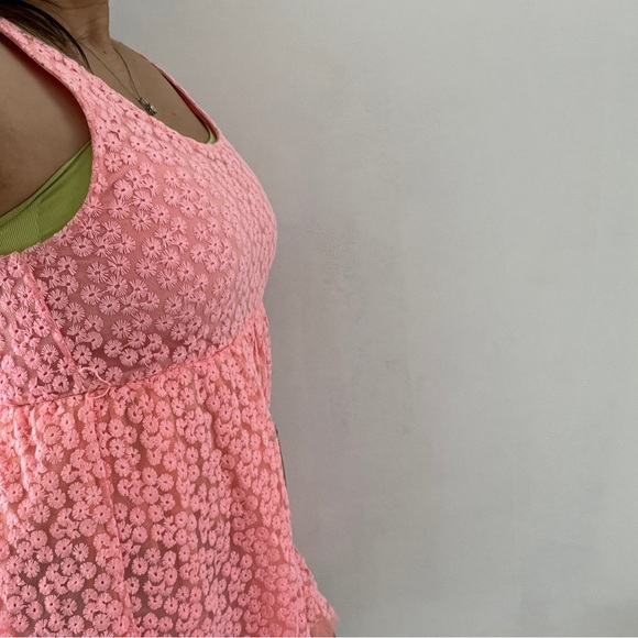 Coral Pink Mini Lace Floral Babydoll Dress Kawaii Mesh Tulle Flower Barbie Cute - Picture 3 of 7